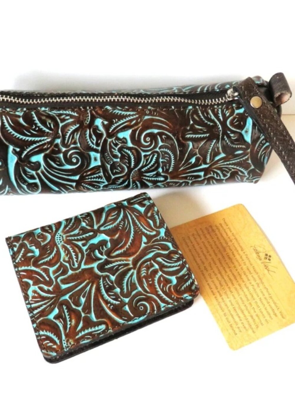 Patricia Nash 10th Anniversary Gift Set Tooled Leather Wallet & Wristlet Pouch